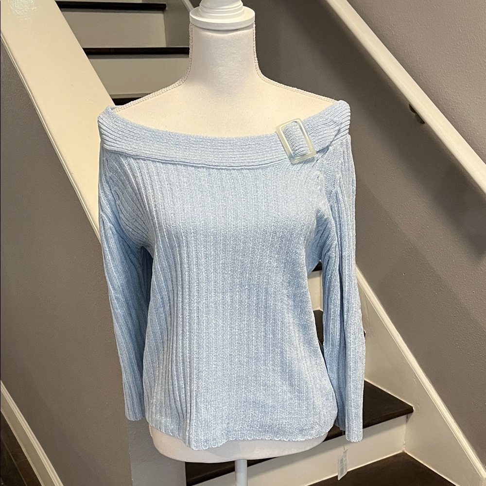 Pow Wow Sweater Light Blue Off-Shoulder. Very Flattering. NWT Soft & Cozy PL